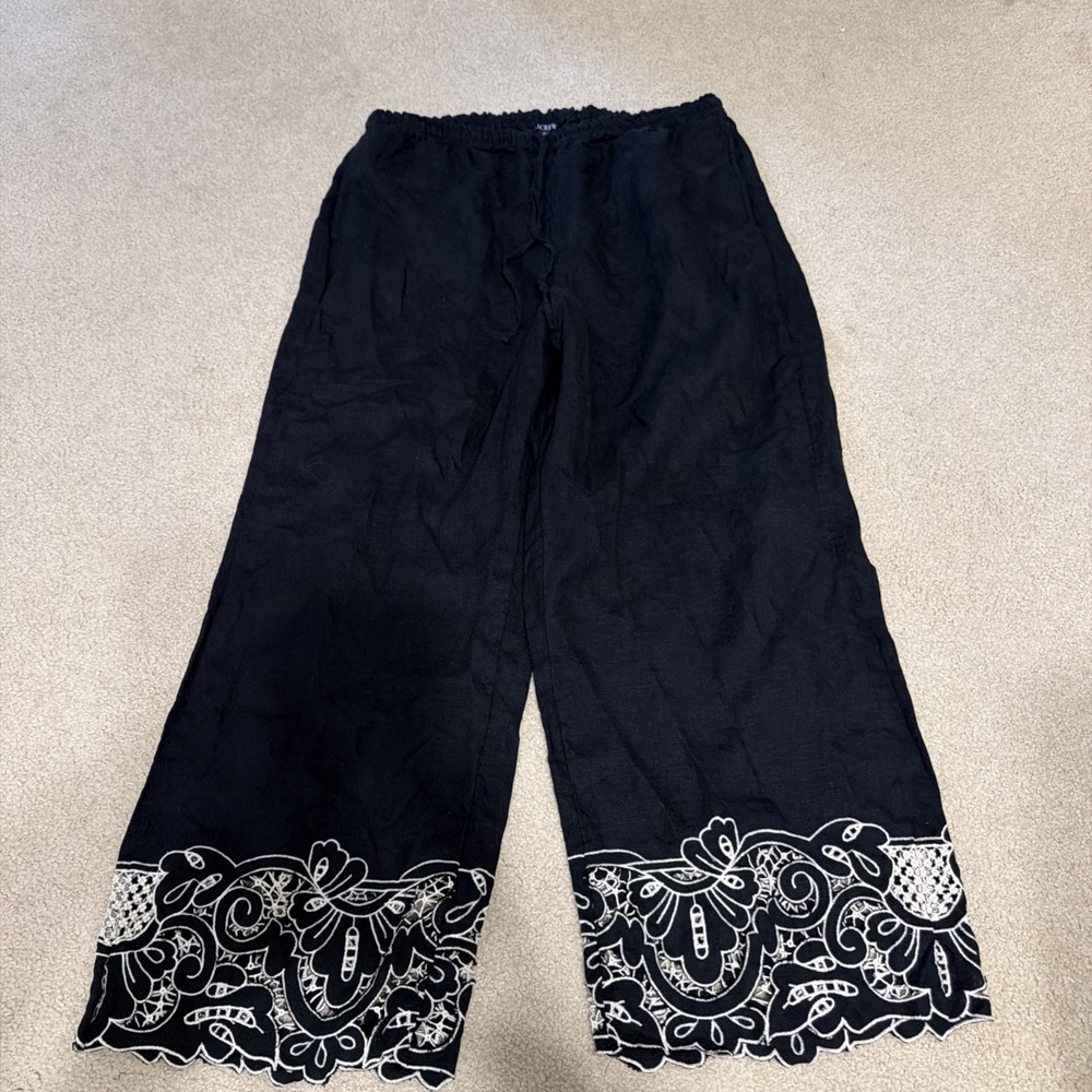 EUC J.Crew New Soleil pant in embroidered linen BLACK IVORY LARGE Pockets - Picture 3 of 9